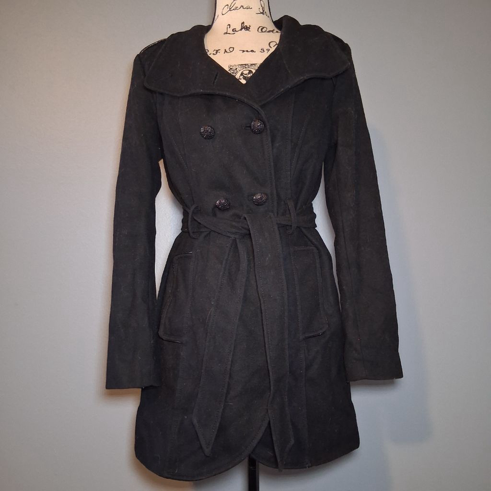 Guess Wool Blend Double Breasted Belted Pea Coat